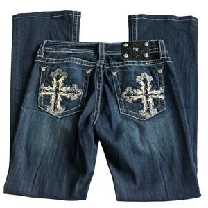 Miss Me, Dark Blue, Jeweled Cross Design, Boot Cut Jeans- 31